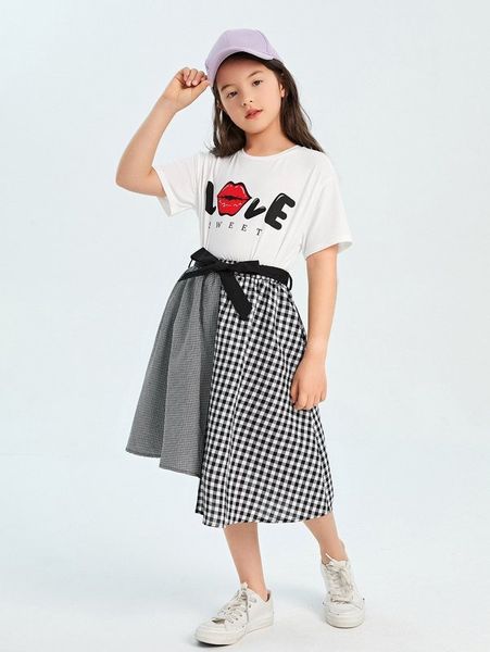 sheen girls' alphabet t-shirt and patchwork plaid belt skirt set she, White
sheen girls' alphabet t-shirt and patchwork plaid belt skirt set she, White