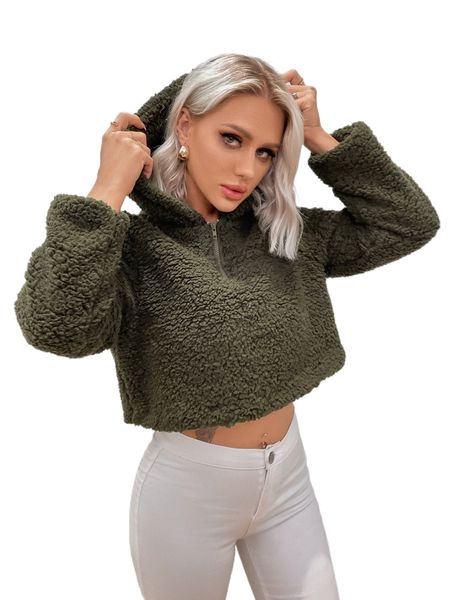eilly bazar half zip crop teddy hoodie h5ox#, Black