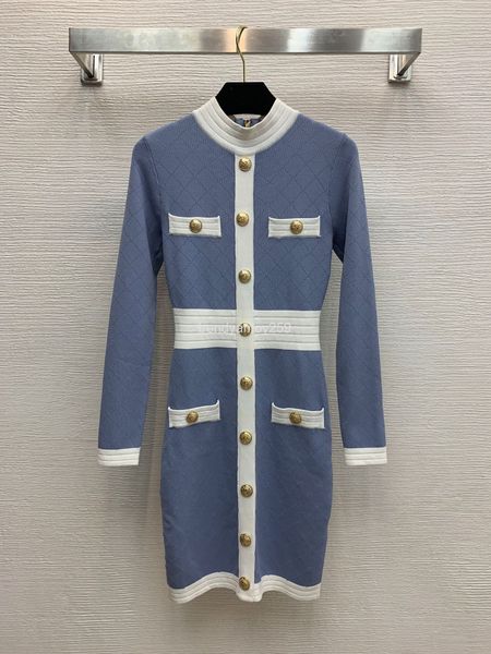 casual dresses autumn and winter high-end quality single row gold button color matching waist bag hip slim long sleeve knitted dress, Black;gray