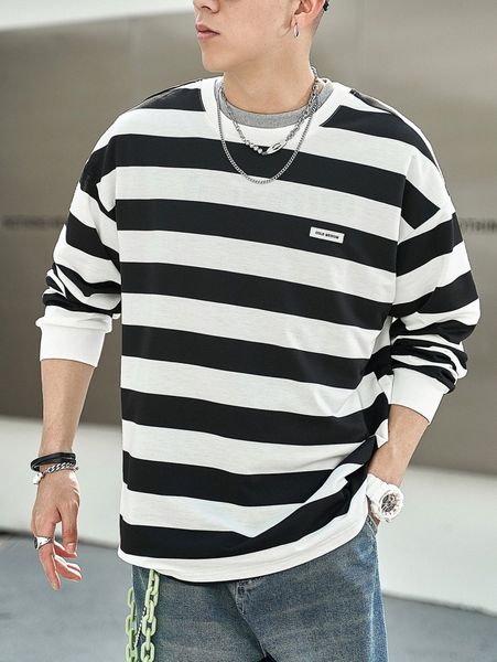 men striped print letter patch detail drop shoulder sweatshirt without tee m4gg#, Black
men striped print letter patch detail drop shoulder sweatshirt without tee m4gg#, Black
