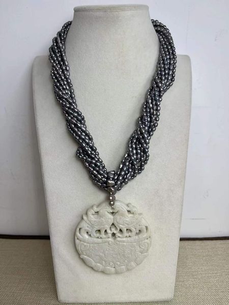 12 rows black freshwater pearl necklace oval jade pendant mandarin duck lufu 18 inches, Silver
12 rows black freshwater pearl necklace oval jade pendant mandarin duck lufu 18 inches, Silver