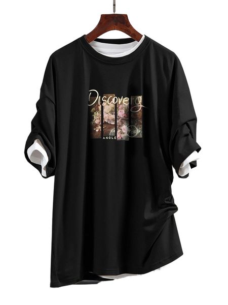 men 1pc floral & letter graphic drop shoulder tee t2ck#, White;black