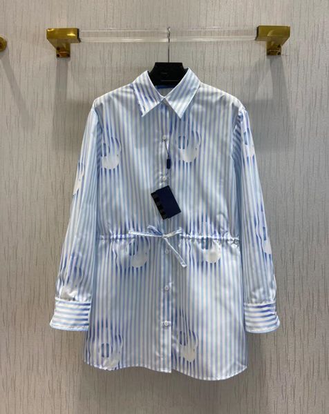 22 women's striped shirt with a drawstring design at the waist can close the waist at any time to show the curve 418, White
22 women's striped shirt with a drawstring design at the waist can close the waist at any time to show the curve 418, White