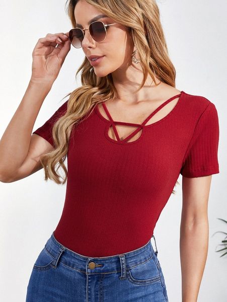 ribbed knit cut out tee x2c9#, White