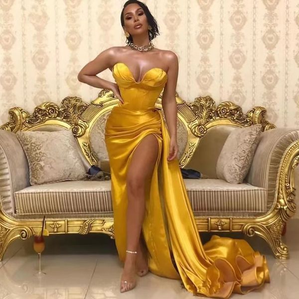 2022 gold sweetheart plus size prom dresses satin long evening gowns high split dubai party formal custom made, Black
2022 gold sweetheart plus size prom dresses satin long evening gowns high split dubai party formal custom made, Black