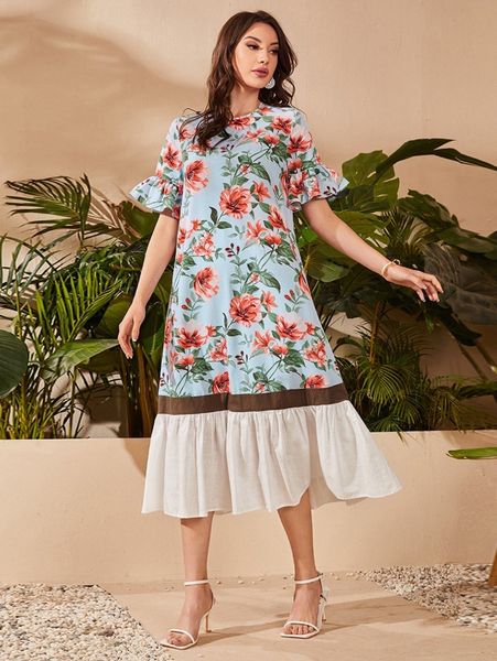 floral print flounce sleeve ruffle hem dress 05m0#, Black;gray
floral print flounce sleeve ruffle hem dress 05m0#, Black;gray