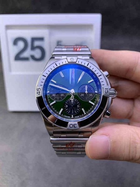 version quality 46mm b01 navitimer watch chronograph quartz movement steel mint green black dial 50th anniversary men watch stainless strap, Slivery;brown
version quality 46mm b01 navitimer watch chronograph quartz movement steel mint green black dial 50th anniversary men watch stainless strap, Slivery;brown