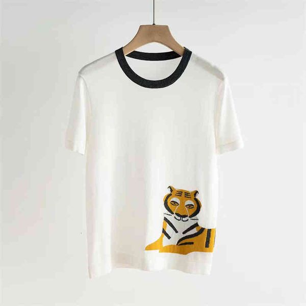 women's knits tees summer round neck short sleeve hem tiger jacquard 16 needle contrast collar mulberry silk cotton thin sweater, White
women's knits tees summer round neck short sleeve hem tiger jacquard 16 needle contrast collar mulberry silk cotton thin sweater, White