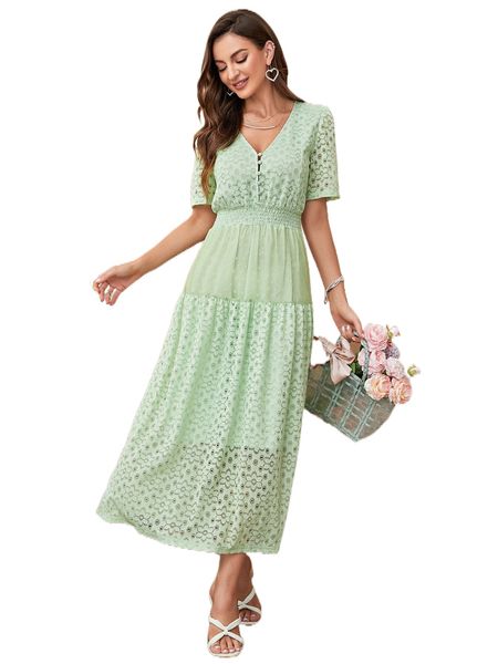 floral guipure lace button front shirred waist dress 41ot#, Black;gray 
floral guipure lace button front shirred waist dress 41ot#, Black;gray