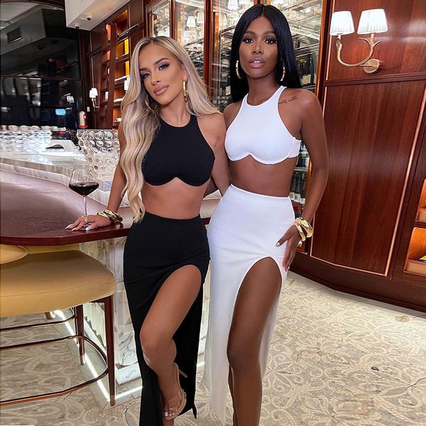 two piece dress basic solid color breast revealing midriff vest slit skirt suit for women, White
two piece dress basic solid color breast revealing midriff vest slit skirt suit for women, White
