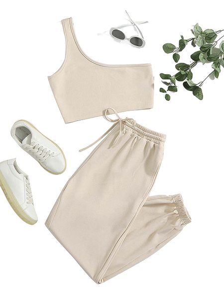 one shoulder & drawstring waist sweatpants 65vb#, White