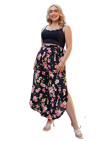 plus floral print split thigh asymmetrical hem pants w0ao#, Black 
plus floral print split thigh asymmetrical hem pants w0ao#, Black