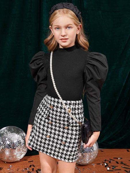 girls gigot sleeve & houndstooth print tweed skirt she, White 
girls gigot sleeve & houndstooth print tweed skirt she, White