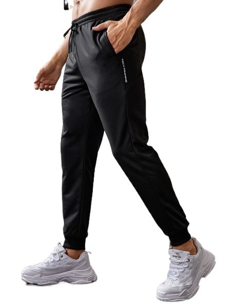 men letter graphic drawstring waist sport pants w8zr#, Black