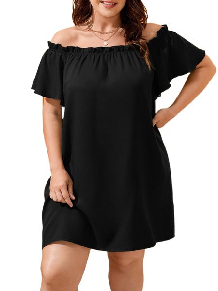 plus off shoulder frill trim dress g4jd#, Black
