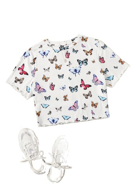 plus butterfly print lettuce trim tee 70dv#, Black 
plus butterfly print lettuce trim tee 70dv#, Black