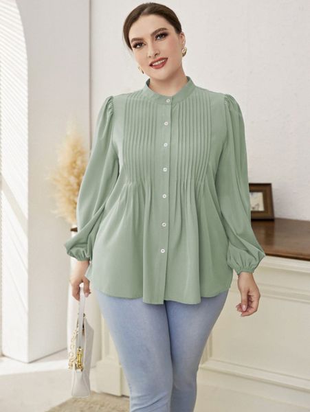 plus plicated detail lantern sleeve blouse a0as#, Black