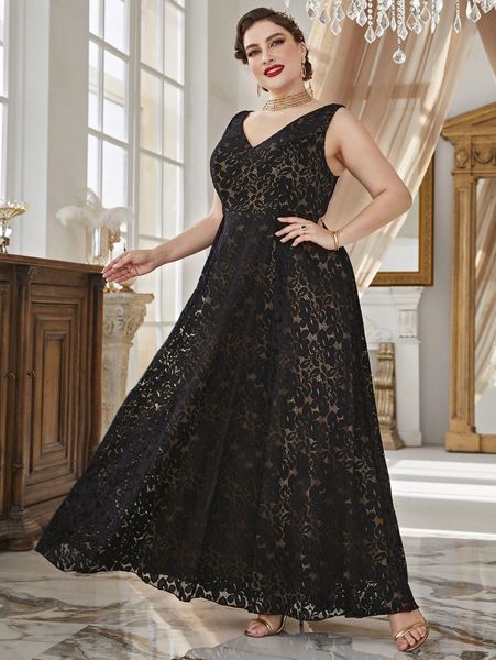 plus high waist floral lace dress o5vw#, Black