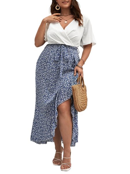 plus ditsy floral tie front wrap dress v0mu#, Black 
plus ditsy floral tie front wrap dress v0mu#, Black