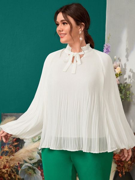 plus tie neck lantern sleeve plisse blouse y6bu#, Black
plus tie neck lantern sleeve plisse blouse y6bu#, Black