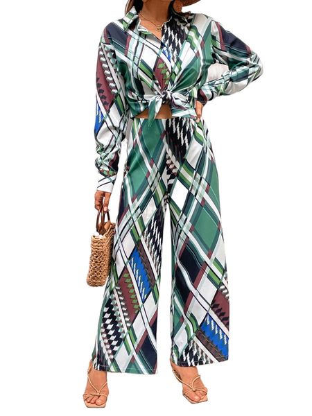 random geo print blouse & wide leg pants a8kx#, White
random geo print blouse & wide leg pants a8kx#, White