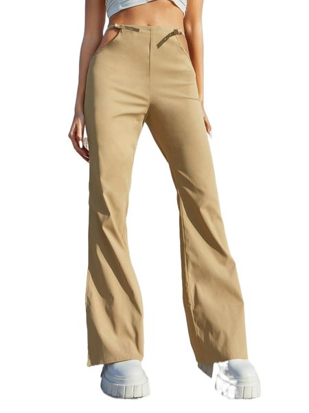 cut out split hem flare leg pants 59a4#, Black;white 
cut out split hem flare leg pants 59a4#, Black;white