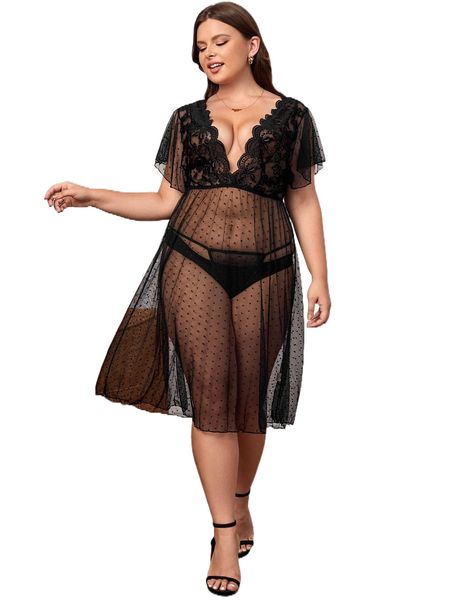 plus polka dot lace panel plunging neck dress & thong without liner e7hb#, Black;white
plus polka dot lace panel plunging neck dress & thong without liner e7hb#, Black;white