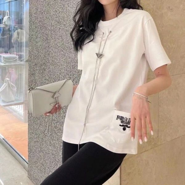 spring summer women t shirts brand triangle metal necklace short sleeve loose pocket embroidery t-shirt fashion round neck pure cotton tees, White
spring summer women t shirts brand triangle metal necklace short sleeve loose pocket embroidery t-shirt fashion round neck pure cotton tees, White