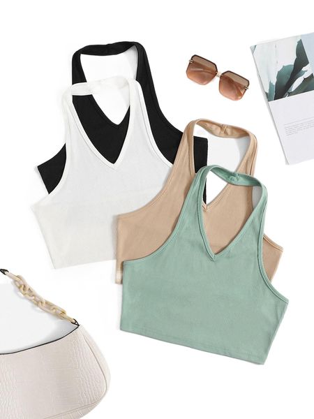 4pcs solid rib-knit crop halter v172#, White
