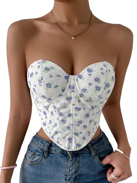 floral print lace up back bustier lace tube r9av#, White