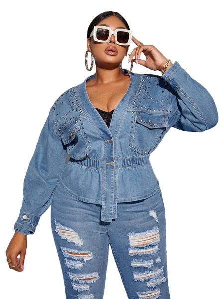 plus studded detail drop shoulder ruffle hem denim jacket c6g0#, Black;brown
plus studded detail drop shoulder ruffle hem denim jacket c6g0#, Black;brown