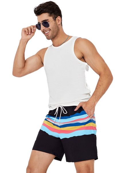 men drawstring waist striped print shorts 2563#, White;black