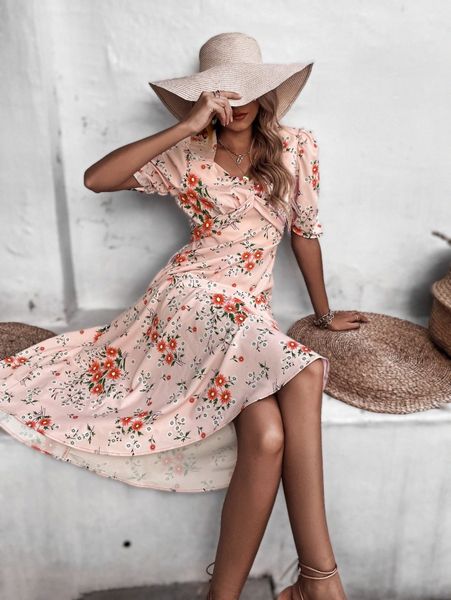 random floral print ruched puff sleeve dress k6e4#, Black;gray
random floral print ruched puff sleeve dress k6e4#, Black;gray