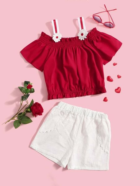 girls appliques cold shoulder shirred & shorts she, White