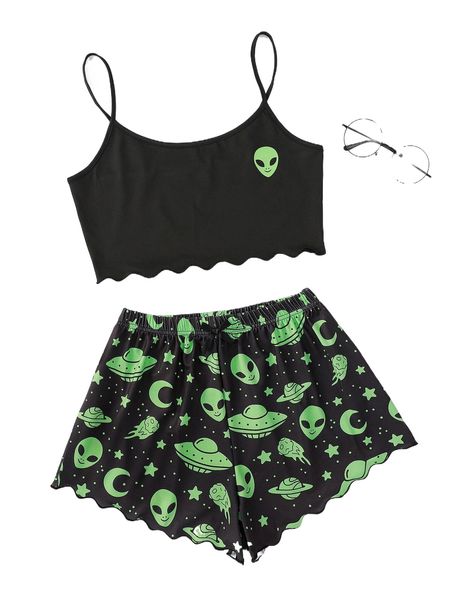 alien & star print lettuce trim cami pj set i1yd#, Black;red
alien & star print lettuce trim cami pj set i1yd#, Black;red