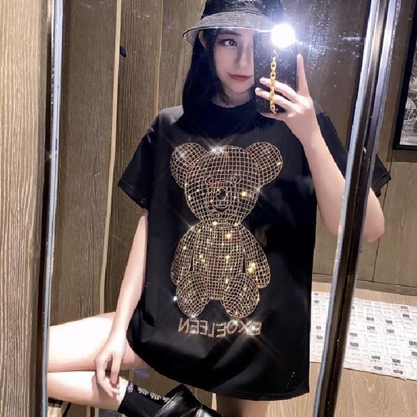 women's t-shirt gold diamond glittering mid-length female bear short-sleeved summer women fashion western style net red omen's, White
women's t-shirt gold diamond glittering mid-length female bear short-sleeved summer women fashion western style net red omen's, White