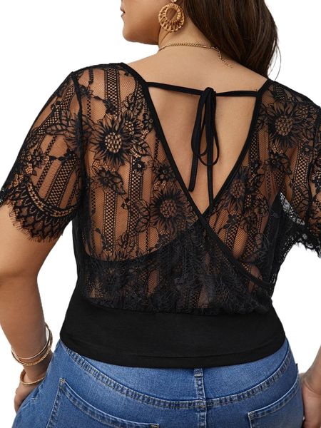 plus eyelash lace panel tie back f1j0#, Black
