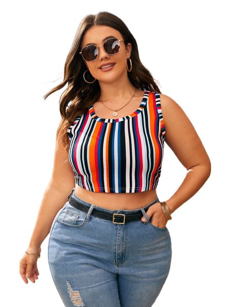 plus colorful striped crop tank x3ib#, Black 
plus colorful striped crop tank x3ib#, Black