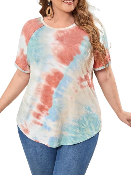 plus raglan sleeve curved hem tie dye 56et#, Black
