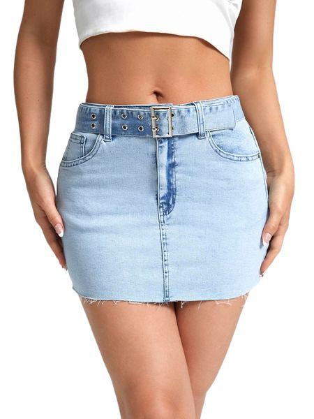 frayed trim belted denim skirt u0xo#, Black