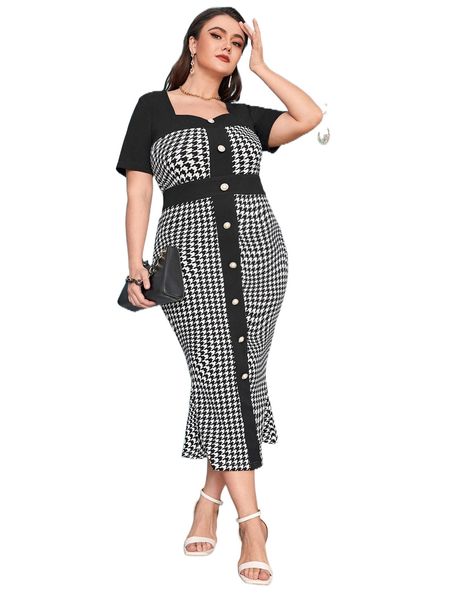 plus houndstooth print button front mermaid hem dress r6y9#, Black