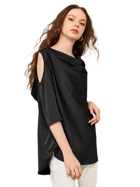 x adrienne alexis cold shoulder high low hooded blouse 77sh#, White