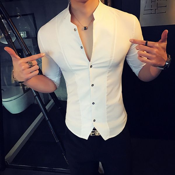 men s stand up collar shirt summer fashion slim korean half sleeve short 220606, White;black
men s stand up collar shirt summer fashion slim korean half sleeve short 220606, White;black