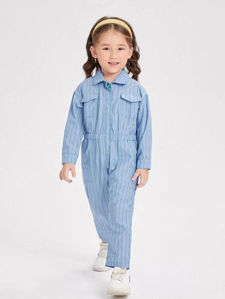 toddler girls striped flap pocket elastic waist shirt jumpsuit she, Blue