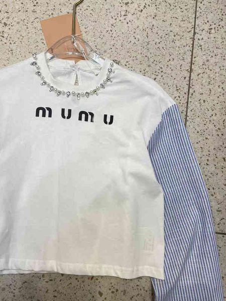spring and summer new collar rhinestone decoration cotton stripe stitching long sleeve short white spell blue versatile
spring and summer new collar rhinestone decoration cotton stripe stitching long sleeve short white spell blue versatile