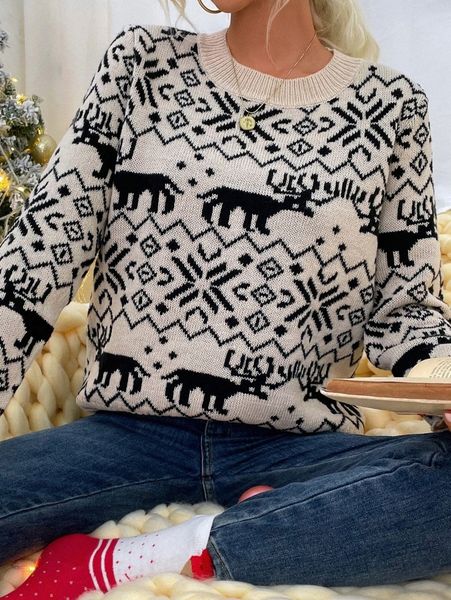 round neck christmas pattern sweater b78k#, White;black
round neck christmas pattern sweater b78k#, White;black
