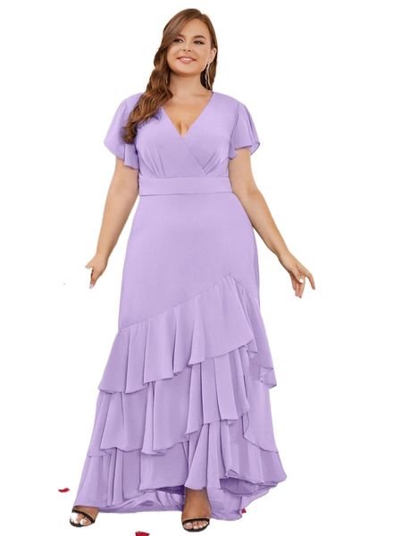 plus butterfly sleeve layered hem chiffon bridesmaid dress l9ml#, Black