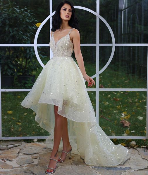 sparkly light yellow lace prom dresses high low beaded crystal spaghetti v neck party dress a line sleeveless evening gowns, Black
sparkly light yellow lace prom dresses high low beaded crystal spaghetti v neck party dress a line sleeveless evening gowns, Black