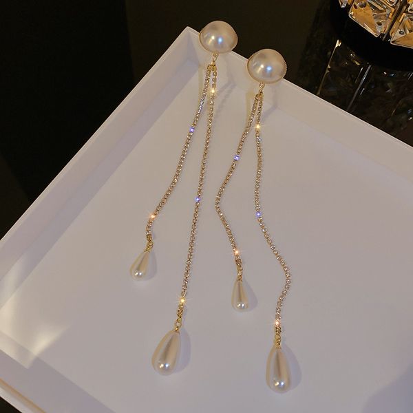 925 silver needle zircon pearl tassel earrings korean super long exaggerated temperamental fairy fashion eardrop for women, Golden
925 silver needle zircon pearl tassel earrings korean super long exaggerated temperamental fairy fashion eardrop for women, Golden