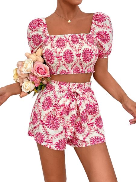 floral print square neck crop shirred with paperbag waist tie front shorts o7gm#, White
floral print square neck crop shirred with paperbag waist tie front shorts o7gm#, White